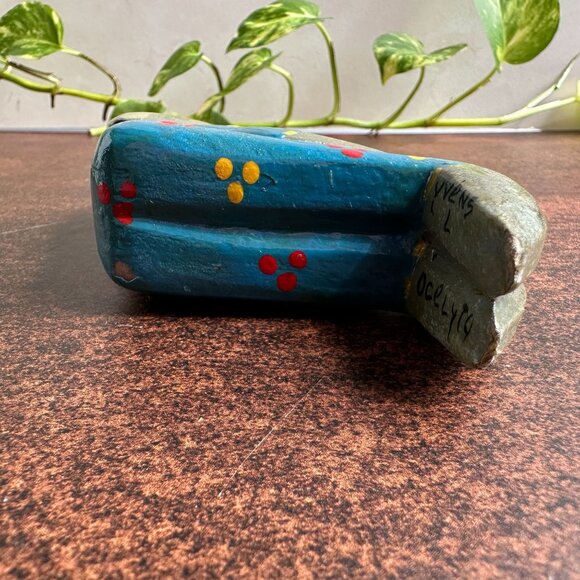 Hand Carved & Painted Wooden Shelf Sitter Elephant Figurine Signed By Artist 5.5 - Picture 6 of 12